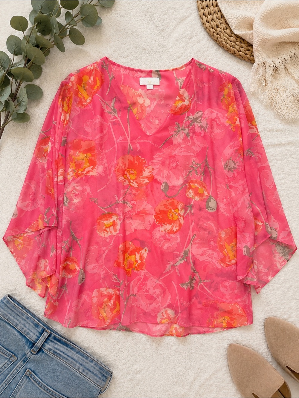✨🧡Belle by Kim Gravel Pink Floral Chiffon Blouse Kimono Sleeve Top Size Large🧡✨